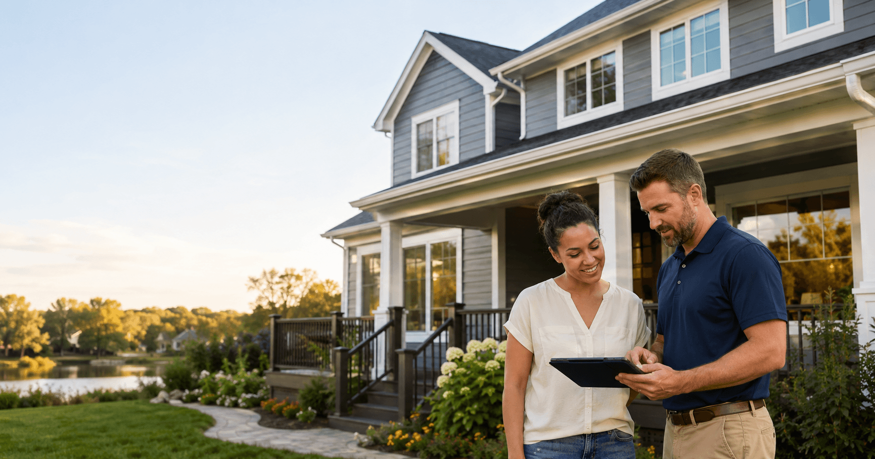 Homeowner reviewing exterior remodeling financing options with a Midwest Construction and Remodeling representative outside a renovated home.