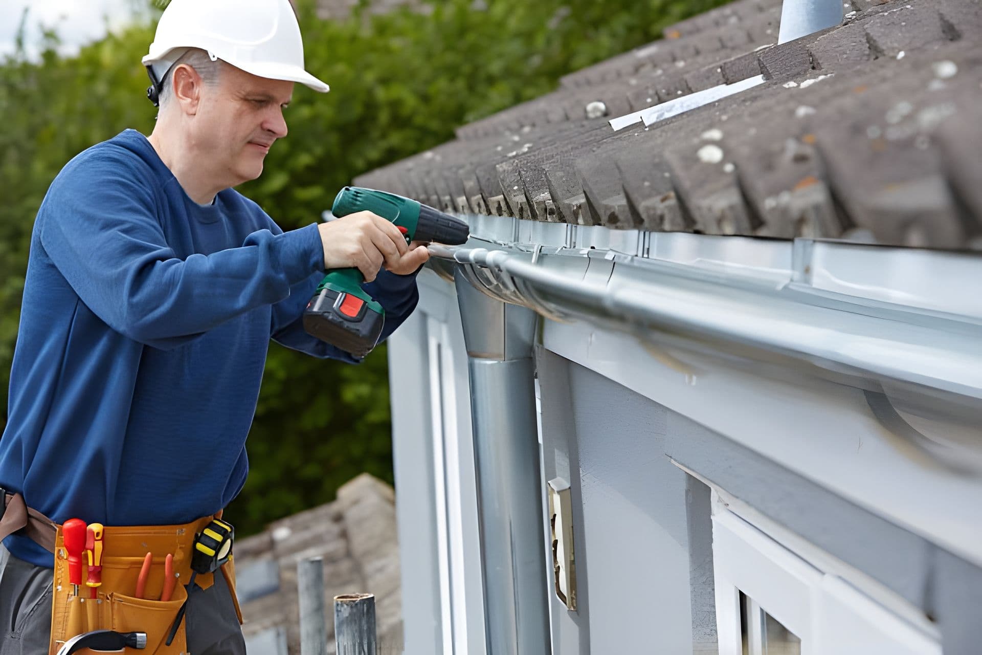 A worker in a white safety helmet installs new gutters.