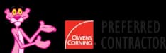 The Pink Panther next to a badge for Owens Corning Preferred Contractor.