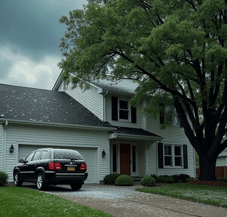 A white house covered in hail from a recent storm.