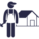 A blue icon of a worker in an apron holding a hammer.