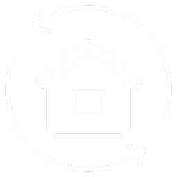 A white icon of a house with rotating arrows around it.