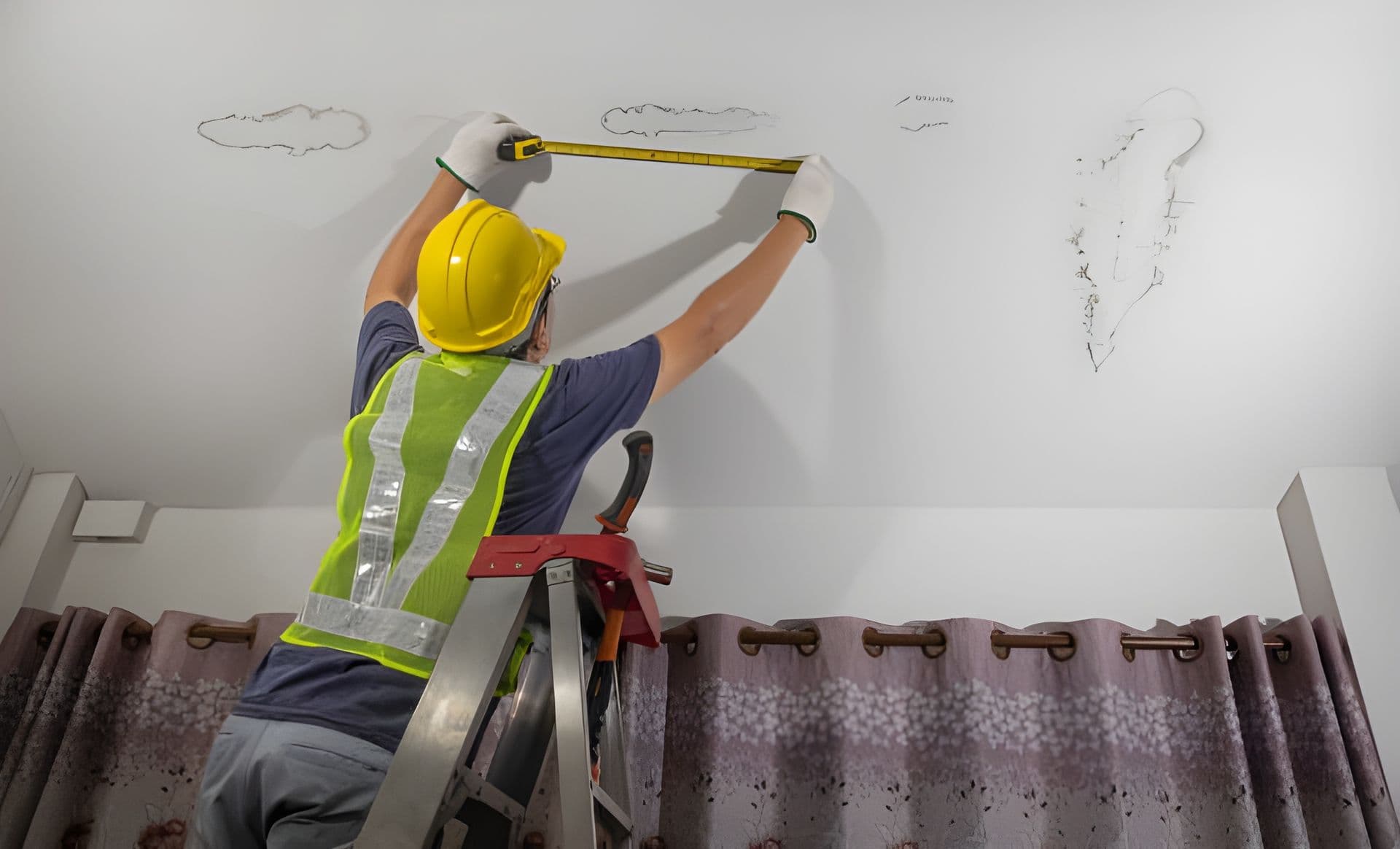 A worker measures damage from a roof leak.