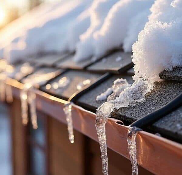 Snow and icicles hang off the side of a roof.